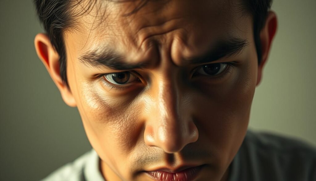 A close-up view of a person's head, showcasing a confused and puzzled expression. The face is illuminated by a warm, soft light, casting subtle shadows that accentuate the furrowed brow and furrowed expression. The background is blurred, hinting at a neutral, non-distracting environment, allowing the viewer to focus solely on the central figure's perplexed state. The composition emphasizes the subject's internal struggle, capturing the essence of "kesalahan memahami pasal1 ayat1" through a visually compelling and emotive portrait.