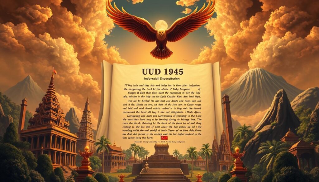 A grand, majestic illustration showcasing the essence of the Indonesian Constitution (UUD 1945) as the foundation of the nation's identity. Depicted in a realistic, oil painting-like style, the centerpiece features the iconic preamble text of the constitution, rendered in a dignified, calligraphic script. Surrounding this is a richly detailed, symbolic tableau - the national emblem of the Garuda bird soars overhead, flanked by iconic Indonesian landmarks and natural wonders, such as ancient temples, lush jungles, and towering volcanoes. The composition is bathed in warm, golden light, conveying a sense of timeless tradition and national pride. The overall mood is one of reverence, strength, and unwavering resolve, reflecting the Constitution's role as the guiding principle of the Indonesian state and people.