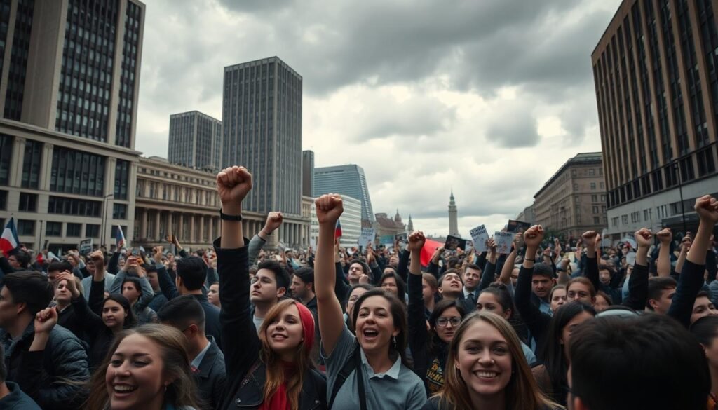 A large crowd of university students gathering in a city square, protesting with raised fists and signs. The scene is captured in a cinematic wide-angle view, with the students filling the foreground and middle ground, and a backdrop of tall buildings and a cloudy sky. The protesters exhibit a sense of determination and passion, their faces and body language conveying the energy and urgency of the demonstration. Dramatic lighting, with shadows and highlights adding depth and drama to the composition. The overall mood is one of civic engagement, social activism, and the power of collective action.
