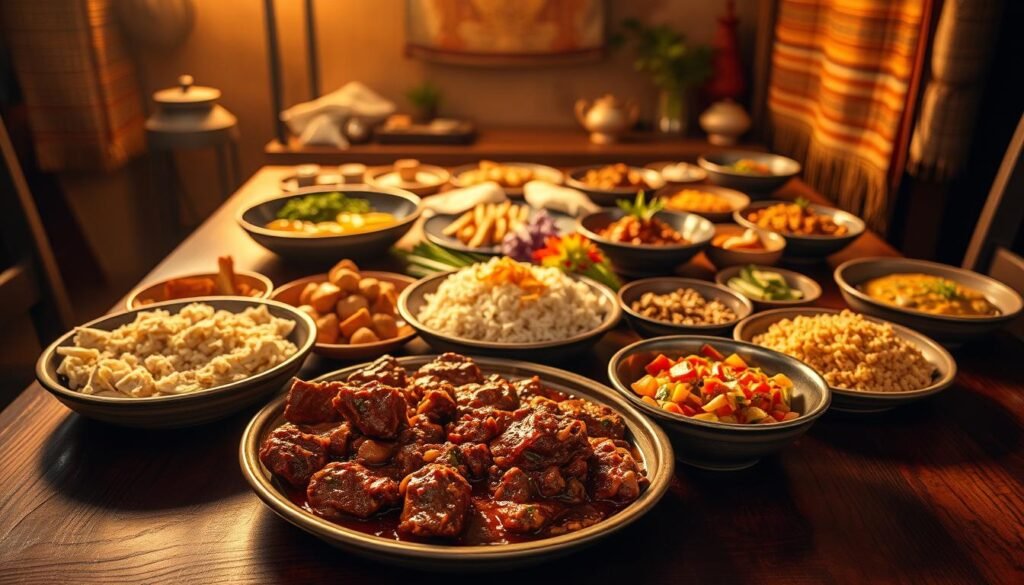 A lush spread of authentic family-style dishes adorns a wooden table, bathed in warm, golden light. In the foreground, a platter of fragrant, sizzling rendang, its rich, spiced sauce glistening. Beside it, a generous serving of nasi goreng, the grains separated and lightly charred. Completing the feast, a bowl of tangy, refreshing acar, its vibrant colors popping against the dark wood. The middle ground features a selection of local delicacies, including lemper, lontong, and serundeng, each dish beautifully presented. In the background, a backdrop of traditional Indonesian textiles and decorative elements creates a cozy, intimate atmosphere, evoking the warmth and togetherness of a family gathering.