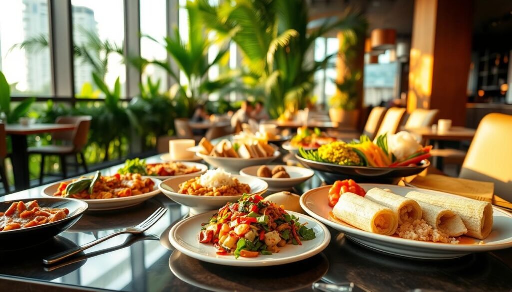 A lush, vibrant display of traditional Indonesian cuisine artfully presented in a chic, modern setting in the heart of Miami. In the foreground, an array of colorful, fragrant dishes - steaming rendang, fragrant nasi goreng, and delicate lontong. In the middle ground, the sleek, minimalist table setting evokes a sense of sophistication, with gleaming utensils and delicate porcelain plates. The background showcases the warm, tropical ambiance of the restaurant, with floor-to-ceiling windows offering a glimpse of the bustling Miami cityscape. Soft, natural lighting casts a golden glow, creating an inviting and mouthwatering scene. The overall atmosphere is one of cultural fusion, where the rich, authentic flavors of Indonesia mingle seamlessly with the vibrant energy of Miami.