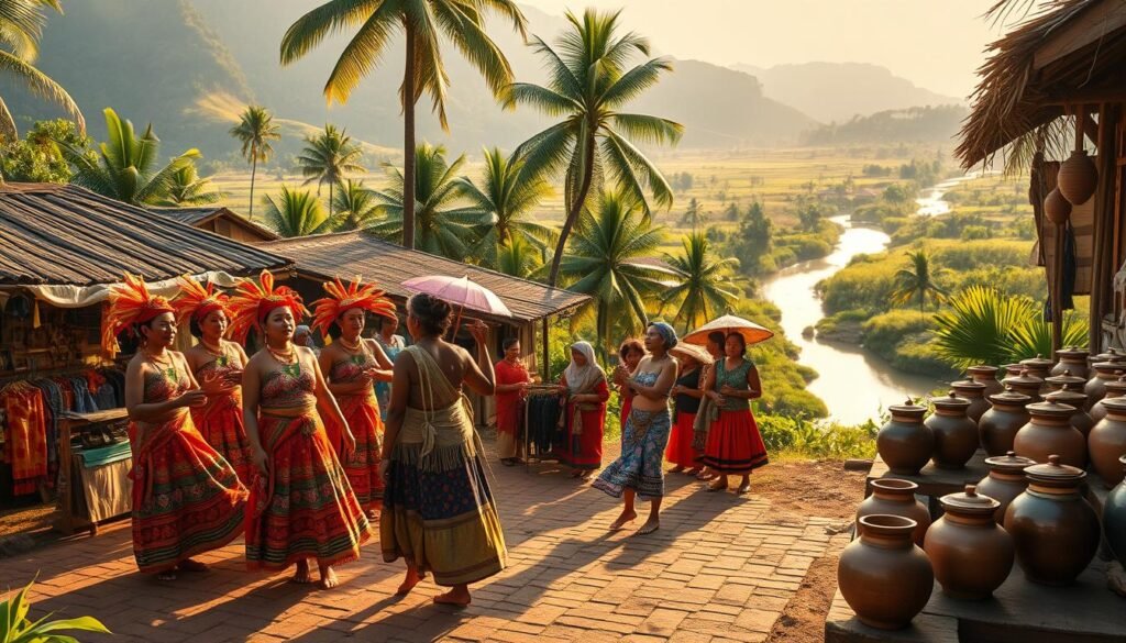 A lush, vibrant village scene showcasing the rich cultural tapestry of local Indonesian traditions. In the foreground, a group of villagers dressed in intricate, colorful costumes perform a traditional dance, their movements graceful and evocative. In the middle ground, artisans showcase their handcrafted wares - vibrant textiles, intricate woodcarvings, and pottery glazed in earthy tones. The background reveals a picturesque landscape, with rolling hills, swaying palm trees, and a tranquil river winding through the scene. Warm, golden sunlight filters through the scene, casting a serene, timeless atmosphere. The overall impression is one of deep-rooted cultural pride, community, and the enduring, timeless beauty of local Indonesian heritage.