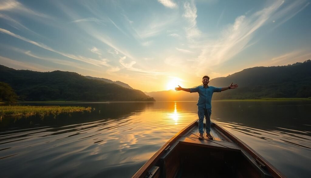 A serene lake at golden hour, a traditional wooden boat glides effortlessly across the still waters. Rayyan Arkan Dikha, the icon of Aura Farming, stands at the bow, his arms outstretched, basking in the warm glow of the setting sun. Wispy clouds drift overhead, casting soft shadows that dance across the boat's surface. The surrounding lush, verdant landscape reflects in the mirror-like waters, creating a sense of tranquility and connection with nature. Rayyan's peaceful expression and confident pose convey the inner calm and joy of the Aura Farming experience. Captured with a wide-angle lens, this breathtaking scene evokes the essence of the "Viralnya Rayyan Arkan Dikha sebagai Ikon Aura Farming" section.