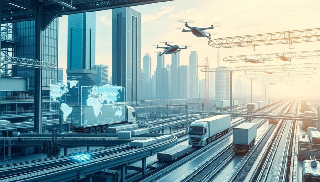 A sleek, modern logistics facility set against a backdrop of towering skyscrapers and a vibrant, futuristic cityscape. In the foreground, a high-tech warehouse with autonomous robots and conveyor belts efficiently sorting and transporting goods. Holographic displays and touchscreen interfaces showcase the latest logistics management software, seamlessly integrating data and optimizing supply chain operations. The middle ground features autonomous delivery drones and self-driving trucks, while the background is dominated by a network of interconnected hubs, railways, and smart infrastructure, all working in harmony to create a dynamic, efficient, and technology-driven logistics ecosystem. Soft, diffused lighting casts a warm, futuristic glow, conveying a sense of progress and innovation.