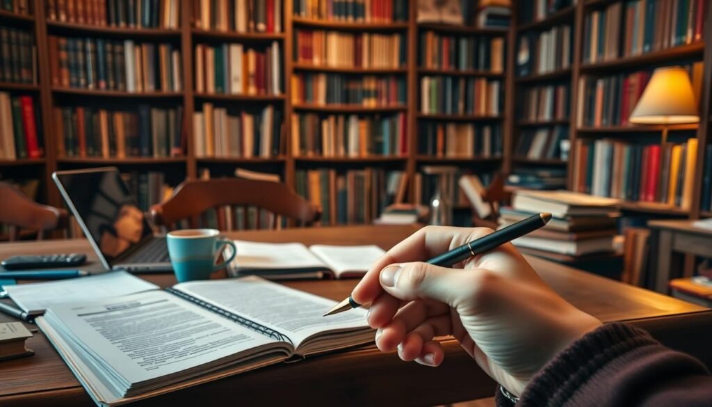 A cozy study filled with books and academic paraphernalia. Warm lighting casts a soft glow on a wooden desk, where a laptop, a cup of coffee, and a stack of papers sit neatly arranged. Bookshelves line the walls, their spines hinting at the wealth of knowledge they contain. In the foreground, a thoughtful scholar's hand holds a pen, poised to capture the insights that flow from a contemplative mind. The atmosphere is one of focused concentration, a space dedicated to the pursuit of academic excellence and the art of scientific writing.