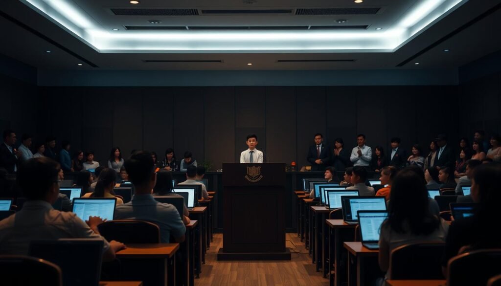 A dimly lit university hall, with rows of students seated at desks, their faces illuminated by the soft glow of laptop screens. In the center, a podium stands, adorned with the emblem of the Universitas Gadjah Mada. Professors and administrators watch intently, expressions of pride and accomplishment etched on their faces, as a young student presents their groundbreaking research, the culmination of months of hard work and intellectual rigor. The atmosphere is one of reverence and academic excellence, a testament to the university's commitment to fostering the next generation of leaders and innovators.