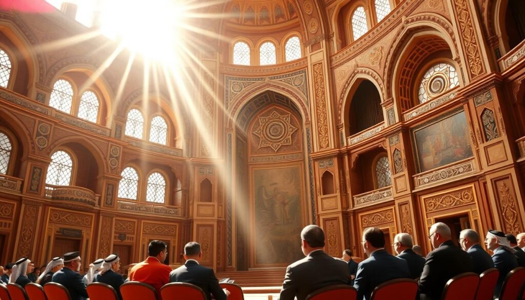 A grand, stately government building with intricate Islamic architectural elements like domes, arches, and calligraphy. Sunlight streams through tall windows, casting a warm, reverent glow. In the foreground, a group of officials in formal attire are engaged in a meeting, discussing economic policies and programs. The scene exudes a sense of gravitas and purpose, reflecting the seriousness with which the government approaches the task of shaping a Sharia-compliant economic framework for the digital age. A grand, stately government building with intricate Islamic architectural elements like domes, arches, and calligraphy. Sunlight streams through tall windows, casting a warm, reverent glow. In the foreground, a group of officials in formal attire are engaged in a meeting, discussing economic policies and programs. The scene exudes a sense of gravitas and purpose, reflecting the seriousness with which the government approaches the task of shaping a Sharia-compliant economic framework for the digital age.