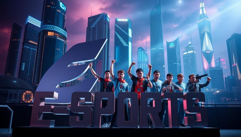 A large, prominent e-sports brand logo prominently displayed in the foreground, conveying a sense of power and prestige. In the middle ground, a diverse group of professional e-sports players in dynamic poses, representing the collaboration between the brand and the gaming community. The background features a futuristic cityscape with skyscrapers and neon lights, creating a dynamic and technologically advanced atmosphere. The lighting is bold and dramatic, with strong contrasts and highlights to emphasize the grandeur of the collaboration. The overall mood is one of excitement, innovation, and the synergy between the world of e-sports and the corporate world.