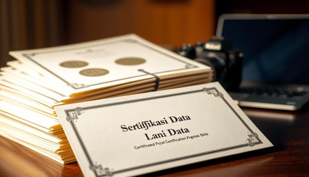 A neatly stacked pile of official-looking certificates and diplomas, their crisp edges and embossed seals gleaming under warm, directional lighting. In the foreground, a single certificate labeled "Sertifikasi Data" stands out, its surface reflecting the ambient glow. The middle ground features a professional-grade camera and a laptop, hinting at the digital nature of modern certification processes. The background is softly blurred, allowing the focus to remain on the symbols of credentialed expertise. The overall mood is one of accomplishment, validation, and the importance of validating one's skills and knowledge through recognized certification programs.