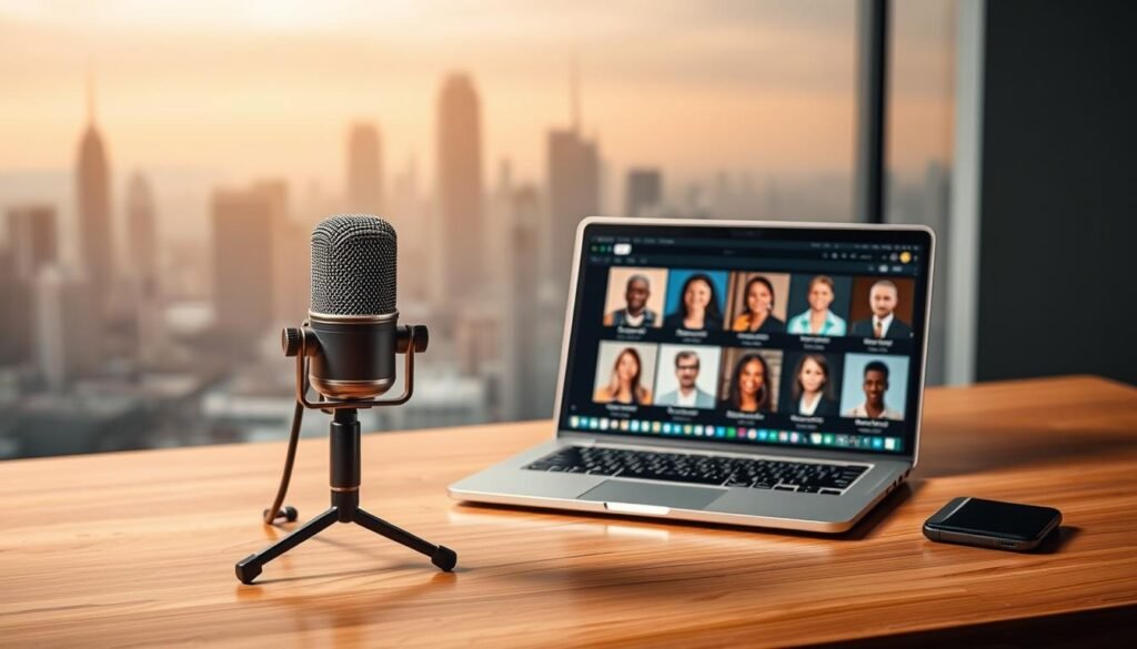 A professional voice artist's portfolio, showcased in a sleek, modern composition. In the foreground, a high-quality microphone sits atop a minimalist, wood-grain desk, casting a soft, diffused glow under warm, studio lighting. In the middle ground, a laptop displays a meticulously curated collection of voice samples, each representing the talent's versatility and range. The background features a subtle, blurred cityscape, symbolizing the global reach and impact of the artist's work. The overall mood is one of confidence, professionalism, and the promise of quality voice-over services.