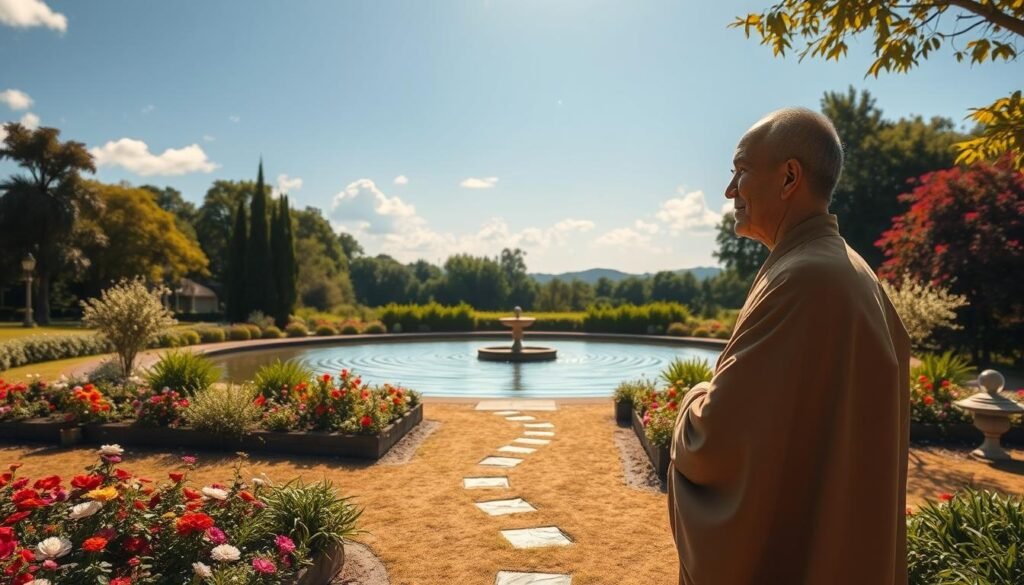 A serene figure in traditional garb stands in a sunlit garden, their expression reflecting a profound inner peace. The foreground features carefully tended flower beds and a meandering pathway, inviting the viewer to contemplate the simple yet profound act of charitable giving. In the middle ground, a tranquil pond reflects the figure, its rippling surface mirroring the tranquility within. The background showcases lush greenery and a cloudless azure sky, creating a sense of harmony and balance. Soft, warm lighting bathes the scene, evoking a sense of compassion and inner contentment. The overall mood is one of quiet dignity and unwavering dedication to the virtues of selfless service.
