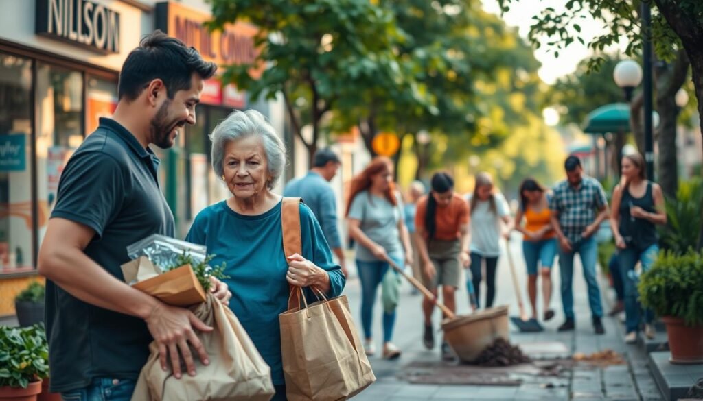 A serene street scene showcasing selfless acts in a modern community. In the foreground, a person helps an elderly neighbor carry groceries, their faces radiating compassion. In the middle ground, a diverse group of people work together to clean up a public space, their body language conveying unity. The background depicts vibrant storefronts and lush greenery, creating a warm, welcoming atmosphere. Soft, natural lighting illuminates the scene, highlighting the genuine care and cooperation. The overall mood evokes a sense of harmony, where individuals transcend personal biases to embrace a culture of kindness and understanding.