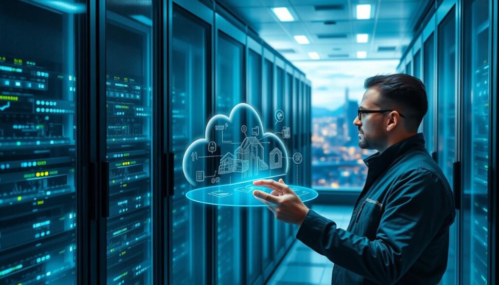 A sleek, modern data center with rows of server racks, glowing with cool blue and green hues. In the foreground, a data engineer examines a holographic display, analyzing complex cloud infrastructure. The background features a panoramic view of a vibrant cityscape, symbolizing the integration of data and cloud computing in the ever-evolving technology industry. The scene conveys a sense of innovation, efficiency, and the transformative power of IT professionals in shaping the future.