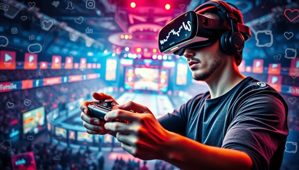 A visually striking scene of an influencer showcasing their e-sports prowess. In the foreground, a charismatic gamer in an immersive virtual reality headset, fingers expertly maneuvering a sleek gaming controller. The middle ground features a vibrant digital arena, filled with dynamic energy and futuristic elements. In the background, a myriad of social media icons, hashtags, and digital signatures, conveying the influencer's widespread online presence and engagement. Dramatic cinematic lighting casts an ethereal glow, while a depth of field effect emphasizes the focal point. The overall atmosphere is one of excitement, immersion, and the seamless integration of e-sports and social media.