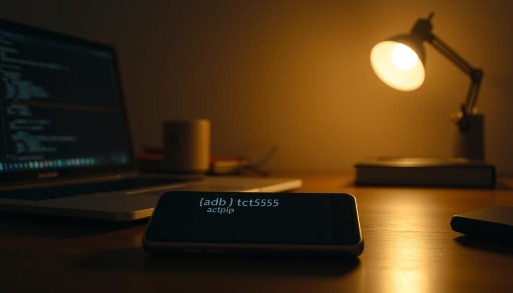 A dimly lit workspace, the soft glow of a laptop screen illuminating the scene. In the center, a smartphone rests on a wooden table, its display showcasing the &quot;adb tcpip 5555&quot; command, a gateway to wireless debugging. The atmosphere is one of focused concentration, the air thick with the potential of untethered productivity. The camera angles in from the side, capturing the command in crisp detail, while the background fades into a hazy, neutral tone, allowing the subject to take center stage. The lighting is warm and moody, casting subtle shadows that add depth and dimension to the image.