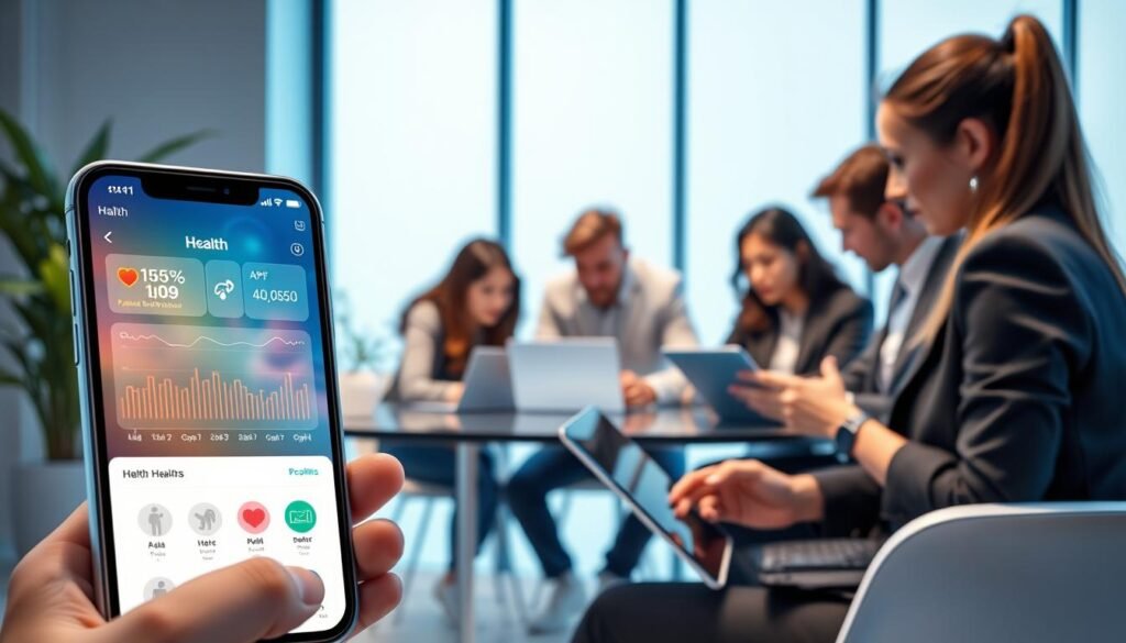 A modern, sleek digital health application interface showcasing AI technology. The foreground features a smartphone displaying a vibrant UI with health metrics, such as heart rate and activity levels, in an intuitive layout. In the middle, a diverse group of professionals in business attire collaborate over a table, analyzing health data on laptops and tablets, engaged in serious discussion. The background shows a futuristic office environment with large windows and soft blue lighting that creates a calming atmosphere. A plant in the corner adds a touch of nature, while the overall composition conveys innovation and professionalism in the health tech field. The image should evoke a sense of teamwork and progress in the realm of AI and health.
