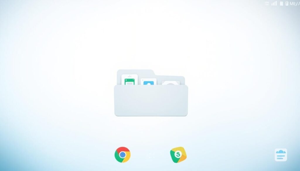A neatly organized Android home screen with minimalist icons, folders, and seamless transitions. The screen has a clean, light-filled aesthetic with soft shadows and a hint of depth. The layout is balanced, with icons and widgets artfully arranged to maximize efficiency and visual appeal. In the foreground, a folder opens smoothly, revealing a curated selection of apps. In the background, subtle animations and parallax effects create a sense of depth and interactivity. The overall impression is one of calm, focused productivity, reflecting the joy of a well-organized digital workspace.