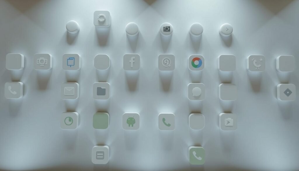 A neatly organized and symmetrical Android home screen, with a grid layout of clean and minimalist app icons. The screen is illuminated by soft, diffused lighting, creating a sense of order and simplicity. The spacing between the icons is uniform and visually pleasing, allowing the user's eyes to flow seamlessly across the display. The icons themselves are simple shapes in muted, complementary colors, emphasizing the tidy and efficient nature of the layout. The overall atmosphere conveys a sense of productivity and focus, encouraging the user to navigate the device's features with ease and clarity.