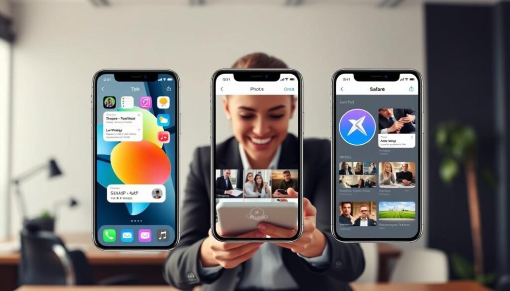A sleek, modern iOS interface displayed prominently in the foreground, featuring upgraded versions of the Messages, Photos, and Safari apps. The Messages app shows vibrant chat bubbles with colorful icons, while the Photos app displays an organized grid of stunning images, enhancing user experience. The Safari app showcases a bright, user-friendly layout with a minimalist design. In the middle, a person in professional business attire is interacting with the device, their face lit up with excitement. The background features a subtle office environment, with soft lighting and a blurred desk setting, creating a productive atmosphere. The overall mood is dynamic and innovative, emphasizing the improvements in technology. The scene captures the essence of modern digital communication and productivity.