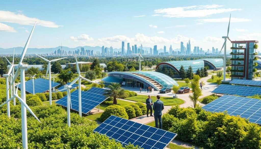 A vibrant, futuristic landscape showcasing innovative renewable energy technologies. In the foreground, diverse wind turbines and solar panels gleam under bright sunlight, surrounded by lush green areas, symbolizing sustainability. In the middle ground, a high-tech energy hub with modern architecture features interactive displays and workers in professional business attire discussing new projects. The background displays a skyline of a clean city, with electric vehicles and vertical gardens integrated into buildings. The atmosphere is optimistic and forward-looking, with clear blue skies and soft, flowing clouds. The lighting is bright and natural, casting dynamic shadows that emphasize the innovative spirit of renewable tech advancements.