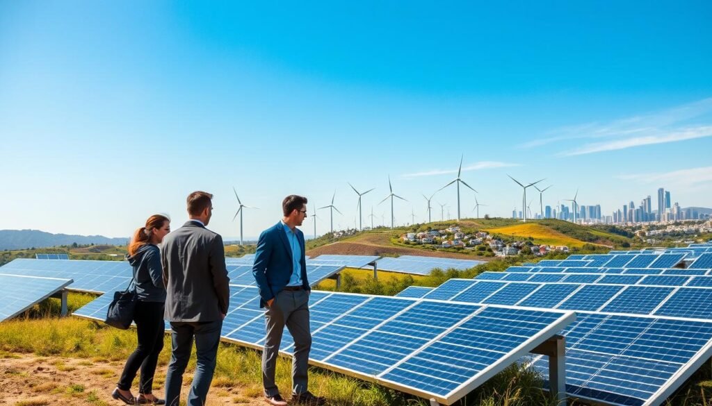 A vibrant landscape showcasing the application of renewable energy technology across various countries. In the foreground, diverse professionals in business attire inspect solar panels and wind turbines, demonstrating collaboration. The middle ground features sprawling solar farms under a clear blue sky, while wind farms effortlessly spin on a nearby hillside, reflecting innovation in green technology. In the background, a city skyline with eco-friendly buildings and green roofs emphasizes sustainable urban development. Natural sunlight casts a warm glow on the scene, creating an optimistic atmosphere that highlights a commitment to environmental stewardship and renewable energy solutions. The angle is slightly elevated, giving a comprehensive view of the integrated technologies harmonizing with nature.