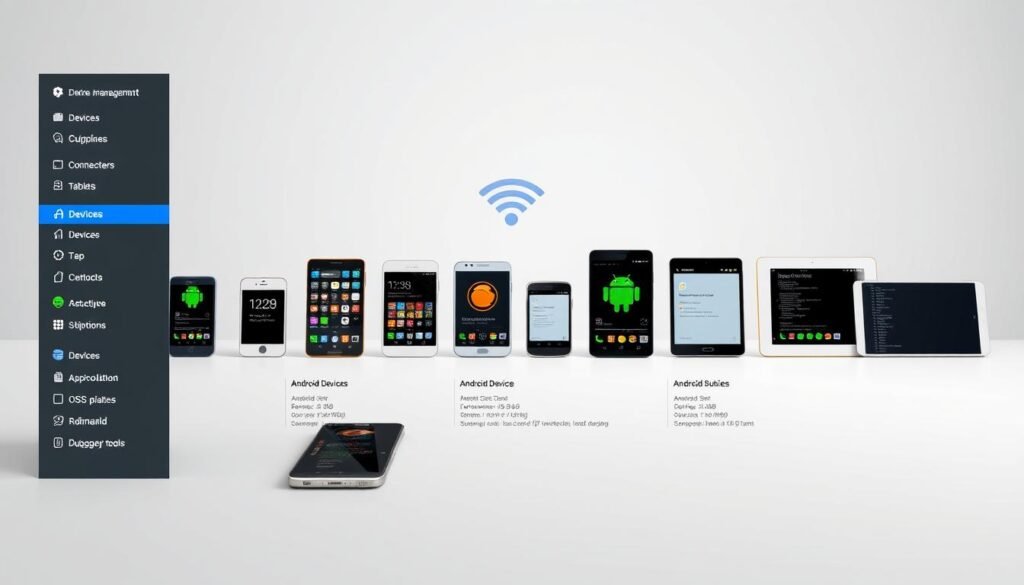 A well-lit, high-resolution image of Android Studio's device management interface, showcasing various mobile devices connected wirelessly. The foreground features a clean, modern UI with intuitive controls for device selection, connection status, and debugging tools. The middle ground displays a diverse array of Android devices, including smartphones and tablets, with their corresponding hardware specifications and OS versions. The background subtly blends in a neutral, minimalist setting, allowing the devices and the software interface to be the focal point. The overall scene conveys a sense of seamless integration and efficient wireless debugging capabilities.