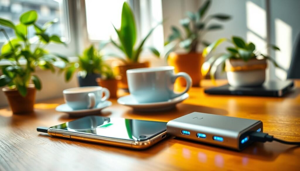 A close-up view of a smartphone on a wooden table with its battery status displayed prominently on the screen, highlighting a full charge. In the foreground, a sleek power bank with LED indicators casts a soft blue glow, indicating it’s charging. In the middle ground, a cup of coffee sits beside the phone, adding a cozy atmosphere. In the background, blurred houseplants create a serene environment, suggesting a workspace setup. Natural daylight streams in from a nearby window, illuminating the scene and enhancing the tech-savvy vibe. The overall mood feels informative and engaging, perfect for a tech guide illustration.