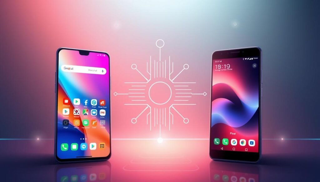 A digital illustration depicting a side-by-side comparison of One UI 6.1 and Pixel UI as a visual analysis of bloatware in Android systems. In the foreground, show a sleek, modern smartphone displaying the One UI 6.1 interface, vibrant with app icons representing bloatware, set against a contrasting sleek Pixel UI screen on another smartphone. In the middle, include abstract, tech-themed elements like circuit patterns or icons that symbolize user experience and system performance. The background should feature a subtle gradient representing a tech environment, with soft, futuristic lighting to enhance the ambiance. The mood should feel analytical and professional, capturing the essence of a tech review without distractions, creating a clear visual representation of the comparison.