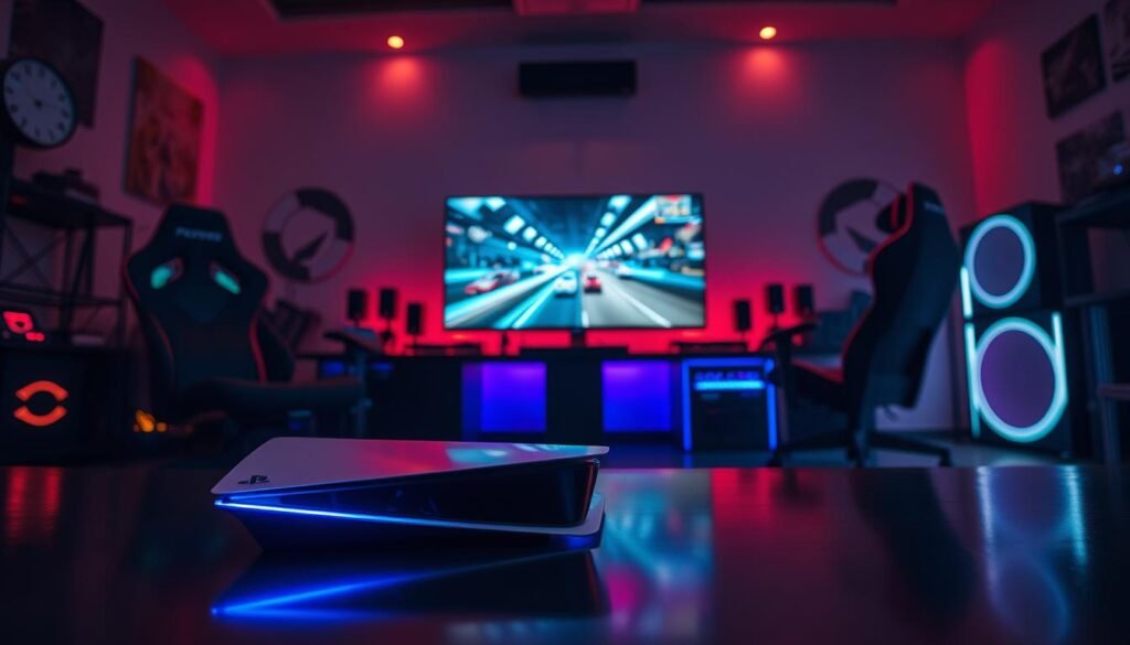 A dynamic scene illustrating "performance" in gaming, featuring a sleek, modern PlayStation 5 Pro console in the foreground, radiating soft, vibrant LED light that hints at high power consumption. The middle ground showcases a high-definition gaming monitor displaying an intense, fast-paced gaming moment, with colorful graphics that convey excitement. Behind, a stylish gaming setup with ergonomic chairs, RGB lighting, and gaming peripherals establishes an immersive atmosphere. The room is dimly lit, emphasizing the illuminated console and monitor, while soft reflections dance on the polished surfaces. Use a wide-angle lens perspective to capture the breadth of the scene, projecting a mood of intense focus and energy, indicative of performance in gaming. A dynamic scene illustrating "performance" in gaming, featuring a sleek, modern PlayStation 5 Pro console in the foreground, radiating soft, vibrant LED light that hints at high power consumption. The middle ground showcases a high-definition gaming monitor displaying an intense, fast-paced gaming moment, with colorful graphics that convey excitement. Behind, a stylish gaming setup with ergonomic chairs, RGB lighting, and gaming peripherals establishes an immersive atmosphere. The room is dimly lit, emphasizing the illuminated console and monitor, while soft reflections dance on the polished surfaces. Use a wide-angle lens perspective to capture the breadth of the scene, projecting a mood of intense focus and energy, indicative of performance in gaming.