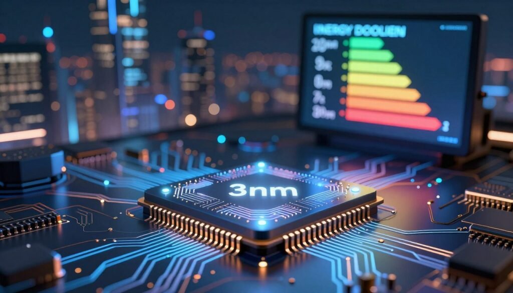 A futuristic illustration showcasing the impact of 3nm technology on energy consumption and battery life. In the foreground, a sleek, modern microchip glimmers with intricate circuit patterns, symbolizing advanced technology. The middle ground features a digital display measuring energy efficiency metrics, like wattage and battery duration, to visually represent improved performance. In the background, a blurred cityscape is ignited with ambient light, reflecting a technological skyline that emphasizes innovation. The lighting is bright and high-tech, with dynamic contrasts that highlight the chip's details. The atmosphere is optimistic and cutting-edge, representing a world empowered by energy-efficient technology. No text, signs, or branding should be included in the image.