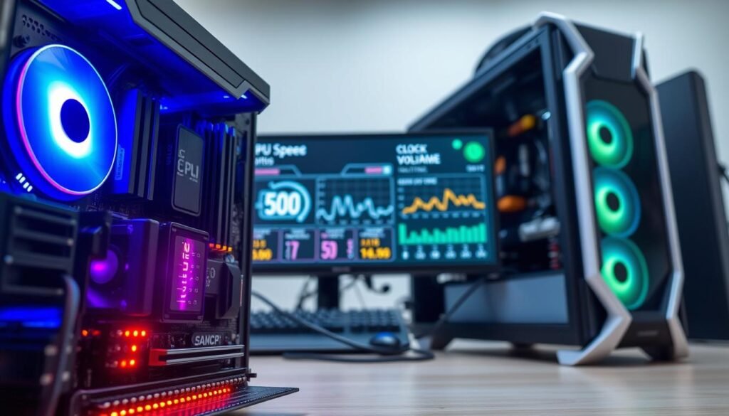 A modern, high-tech computer workstation featuring a sleek CPU tower with illuminated components, showcasing an optimized voltage setup. In the foreground, focus on a close-up view of a motherboard displaying vibrant LED indicators and detailed circuitry highlighting voltage control. The middle ground includes a digital display showing CPU clock speed stats in real-time, with graphs indicating energy efficiency. In the background, a softly blurred image of computer monitors and tools representing a professional workspace. Use bright, natural lighting to create a clean, efficient atmosphere, emphasizing energy conservation and performance. The angle should be slightly tilted to give a dynamic perspective, capturing the essence of modern technology and optimization.