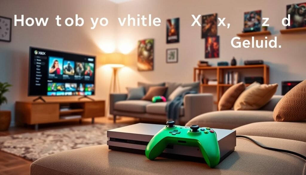 A modern living room setup featuring a cozy gaming environment to illustrate the process of setting up Xbox Cloud Gaming. In the foreground, a sleek gaming console and a high-definition television display are prominently placed, showcasing the Xbox interface with vibrant game thumbnails. In the middle ground, a comfortable sofa with a few colorful gaming controllers lying on it, hinting at a fun gaming experience. The room is softly illuminated by warm light from a nearby lamp, creating an inviting atmosphere. In the background, light-colored walls adorned with gaming posters and shelves filled with gaming accessories enhance the ambiance. The overall mood is enthusiastic and engaging, emphasizing the ease and excitement of getting started with Xbox Cloud Gaming. A modern living room setup featuring a cozy gaming environment to illustrate the process of setting up Xbox Cloud Gaming. In the foreground, a sleek gaming console and a high-definition television display are prominently placed, showcasing the Xbox interface with vibrant game thumbnails. In the middle ground, a comfortable sofa with a few colorful gaming controllers lying on it, hinting at a fun gaming experience. The room is softly illuminated by warm light from a nearby lamp, creating an inviting atmosphere. In the background, light-colored walls adorned with gaming posters and shelves filled with gaming accessories enhance the ambiance. The overall mood is enthusiastic and engaging, emphasizing the ease and excitement of getting started with Xbox Cloud Gaming.