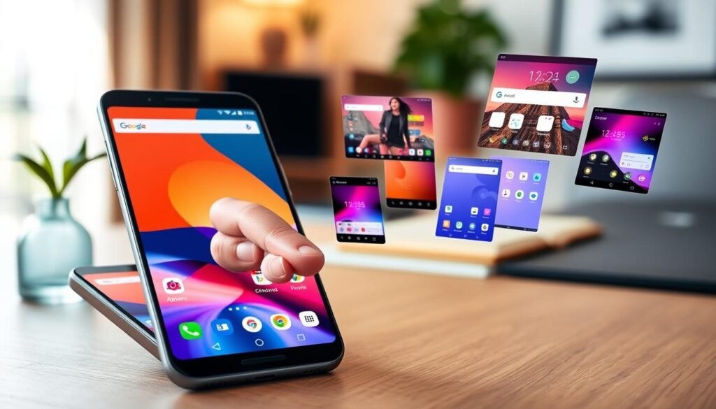 A modern smartphone interface showcasing the customization capabilities of Android systems. In the foreground, display a sleek smartphone with a vibrant home screen featuring widgets, colorful app icons, and an aesthetically pleasing background. In the middle, illustrate a hand gently tapping the screen, demonstrating user interaction, while a few interchangeable screen designs float nearby, highlighting various themes and layouts. In the background, softly blurred, depict a cozy workspace with natural lighting filtering through a window, enhancing the ambiance. Use an overhead angle to capture the details of the smartphone and maintaining focus on the customization features. The mood should be innovative and inviting, reflecting the flexibility of modern mobile operating systems. A modern smartphone interface showcasing the customization capabilities of Android systems. In the foreground, display a sleek smartphone with a vibrant home screen featuring widgets, colorful app icons, and an aesthetically pleasing background. In the middle, illustrate a hand gently tapping the screen, demonstrating user interaction, while a few interchangeable screen designs float nearby, highlighting various themes and layouts. In the background, softly blurred, depict a cozy workspace with natural lighting filtering through a window, enhancing the ambiance. Use an overhead angle to capture the details of the smartphone and maintaining focus on the customization features. The mood should be innovative and inviting, reflecting the flexibility of modern mobile operating systems.