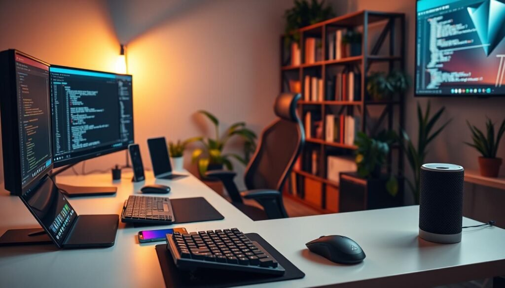 A modern technology workspace setup featuring a sleek desk with multiple monitors displaying coding and design software. In the foreground, a well-organized desk with a laptop, a mechanical keyboard, and a high-end mouse. The middle ground showcases a comfortable ergonomic chair and various tech gadgets, including a smartphone and a smart speaker. In the background, a stylish bookshelf filled with tech books and plants, creating a refreshing atmosphere. Soft, ambient lighting accentuates the setup, with a warm glow casting shadows to enhance depth. The angle is slightly from above, capturing the entire scene in a tidy and professional manner. The mood is focused and inspiring, perfect for a behind-the-scenes look at tech creativity in action. A modern technology workspace setup featuring a sleek desk with multiple monitors displaying coding and design software. In the foreground, a well-organized desk with a laptop, a mechanical keyboard, and a high-end mouse. The middle ground showcases a comfortable ergonomic chair and various tech gadgets, including a smartphone and a smart speaker. In the background, a stylish bookshelf filled with tech books and plants, creating a refreshing atmosphere. Soft, ambient lighting accentuates the setup, with a warm glow casting shadows to enhance depth. The angle is slightly from above, capturing the entire scene in a tidy and professional manner. The mood is focused and inspiring, perfect for a behind-the-scenes look at tech creativity in action.
