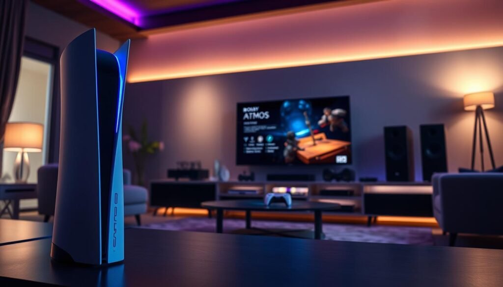 A sleek, modern PlayStation 5 console prominently displayed in the foreground, showcasing its elegant design with a glowing blue light and a freshly updated user interface featuring Dolby Atmos settings. In the middle ground, a luxurious living room setting with a large flat-screen TV displaying immersive game visuals, surrounded by high-end audio equipment that emphasizes the atmospheric sound experience. The background captures a cozy, ambient lighting with soft shadows and accents of blue and purple hues that create a high-tech gaming atmosphere. The scene conveys excitement and innovation, inviting viewers to imagine the enhanced audio experience of 3D sound in gaming. The overall mood should be futuristic and engaging, ideal for a tech-savvy audience.