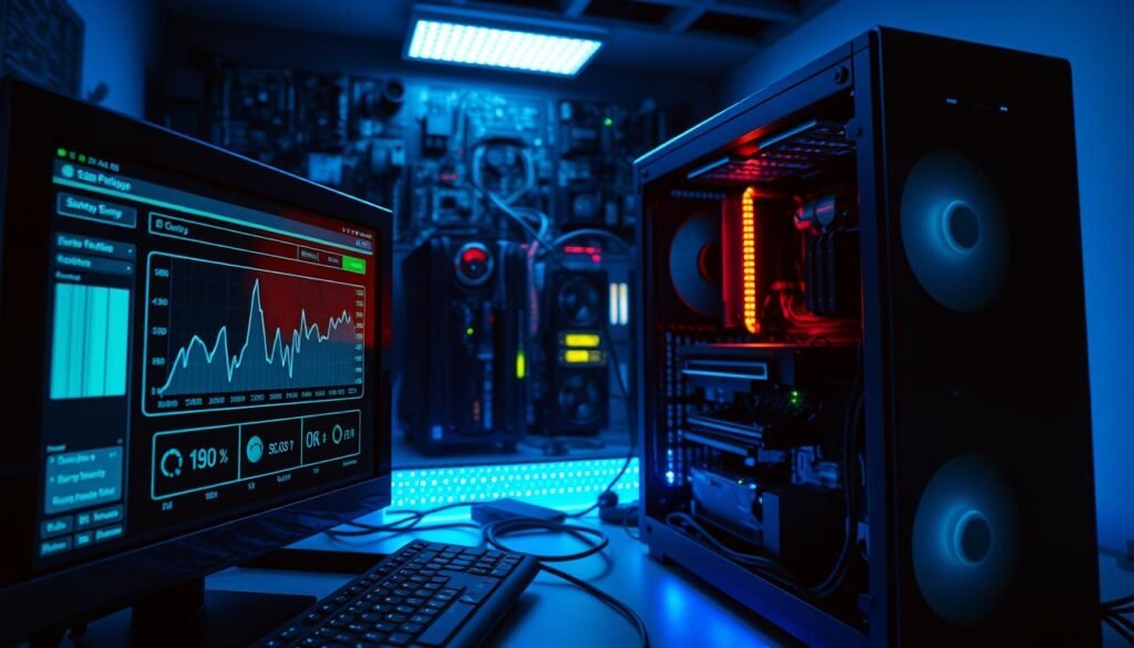 A sleek, modern computer workstation in a dimly lit room, featuring a high-end desktop with illuminated components symbolizing state management efficiency. In the foreground, a close-up of a digital interface displaying energy consumption graphs and power-saving settings. In the middle ground, wires and components arranged neatly, showcasing an organized setup that reflects technological sophistication. The background highlights a wall of circuit boards and LED displays, creating a high-tech ambiance. Soft, cool blue lighting casts gentle shadows, enhancing the focus on the workstation. The overall mood conveys a sense of innovation and efficiency, suitable for illustrating optimal state management for power savings without sacrificing performance.