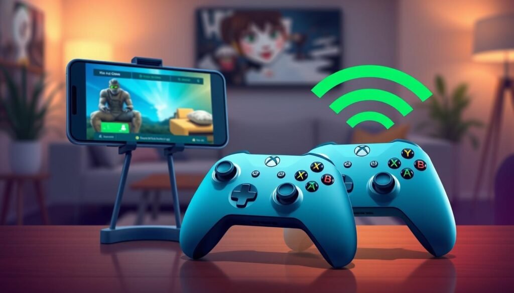 A vibrant digital illustration showcasing the requirements for Xbox Cloud Gaming in Indonesia. In the foreground, prominently display a sleek Xbox controller, along with a smartphone or tablet showing the Xbox Cloud Gaming interface. In the middle background, include elements like a laptop and a strong Wi-Fi signal icon to symbolize connectivity. The background should depict a modern living room setting with subtle lighting, creating a cozy gaming atmosphere. Use a depth of field effect to focus on the controller and devices while softly blurring the background. The overall mood should be energetic and inviting, suggesting an enjoyable gaming experience. The color palette should include blues and greens to reflect the Xbox branding. A vibrant digital illustration showcasing the requirements for Xbox Cloud Gaming in Indonesia. In the foreground, prominently display a sleek Xbox controller, along with a smartphone or tablet showing the Xbox Cloud Gaming interface. In the middle background, include elements like a laptop and a strong Wi-Fi signal icon to symbolize connectivity. The background should depict a modern living room setting with subtle lighting, creating a cozy gaming atmosphere. Use a depth of field effect to focus on the controller and devices while softly blurring the background. The overall mood should be energetic and inviting, suggesting an enjoyable gaming experience. The color palette should include blues and greens to reflect the Xbox branding.