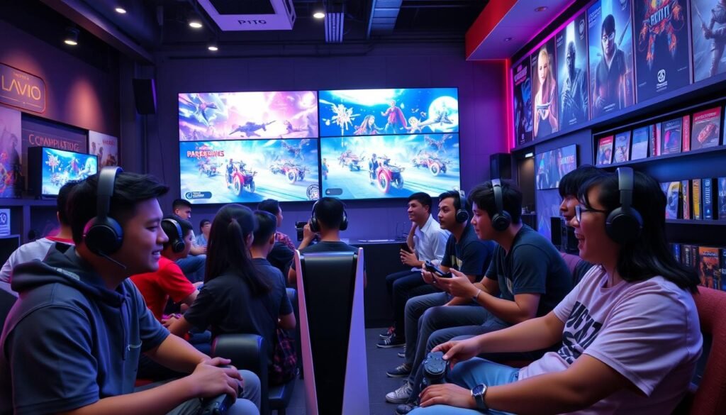A vibrant gathering of Indonesian gamers in a modern gaming lounge, showcasing their passion for gaming with various gaming consoles and high-tech gear. In the foreground, a diverse group of gamers, both male and female, are intently playing on a sleek PS5, wearing comfortable, casual clothing. The middle showcases large TV screens displaying vivid in-game action, with immersive graphics and Dolby Atmos audio visual effects. The atmosphere is charged with excitement, amplified by dynamic lighting in neon colors emitting from the screens. The background features posters of popular games and a shelf lined with various game titles, creating a lively and engaging environment that reflects the spirit of the Indonesian gaming community. The angle is slightly elevated, capturing the camaraderie and shared enthusiasm among the gamers.