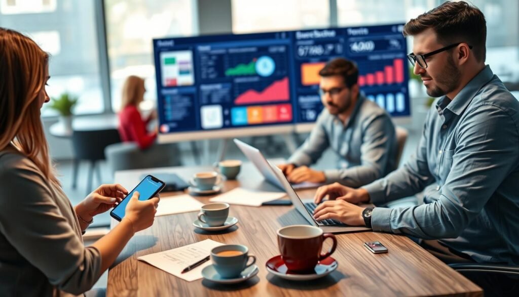 A workspace scene featuring a diverse group of professionals engaged in reviewing mobile and desktop applications. In the foreground, a woman in smart casual attire examines her smartphone, while a man in a button-up shirt and glasses types on a laptop. The middle ground shows a large screen displaying app interfaces and charts, with notes and coffee cups scattered on a stylish table. The background reveals a modern office setting, with soft, warm lighting from large windows, creating an inviting atmosphere. The image should have a slight depth of field effect, focusing on the professionals while softly blurring the background. The mood is collaborative and focused, capturing the essence of technology evaluations in a vibrant work environment. A workspace scene featuring a diverse group of professionals engaged in reviewing mobile and desktop applications. In the foreground, a woman in smart casual attire examines her smartphone, while a man in a button-up shirt and glasses types on a laptop. The middle ground shows a large screen displaying app interfaces and charts, with notes and coffee cups scattered on a stylish table. The background reveals a modern office setting, with soft, warm lighting from large windows, creating an inviting atmosphere. The image should have a slight depth of field effect, focusing on the professionals while softly blurring the background. The mood is collaborative and focused, capturing the essence of technology evaluations in a vibrant work environment.