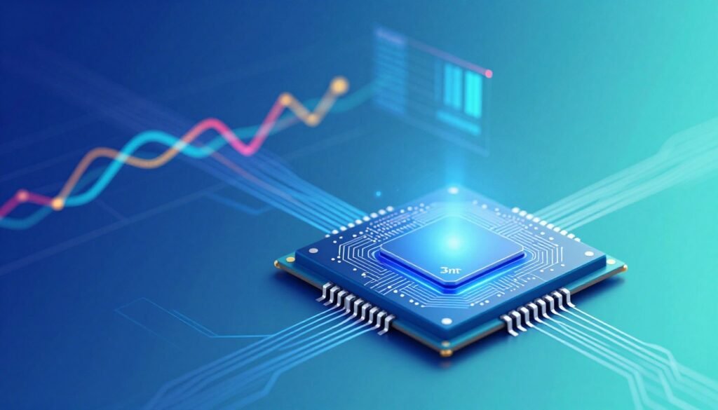 Visualize a futuristic semiconductor chip with a sleek 3nm design, prominently displayed in the foreground. Surround the chip with a soft blue glow to symbolize energy efficiency, highlighting its advanced technology. In the middle ground, include abstract graphics representing data flow and energy consumption metrics, illustrated in dynamic lines and vibrant colors, signifying enhanced performance. The background should feature a gradient that transitions from deep blue to light teal, evoking a sense of innovation and progress. Use bright, focused lighting to illuminate the chip's intricate patterns and circuits, with a slight lens flare effect to add depth and interest. The overall mood should be cutting-edge and optimistic, capturing the essence of technological advancement and energy efficiency.