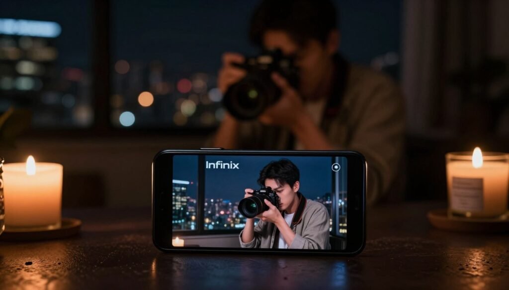 A darkened room showcasing an Infinix smartphone positioned prominently in the foreground, capturing low-light photography techniques. The smartphone screen glows softly, illuminating a scene that includes various everyday objects with intricate details, like a dimly lit candle and a textured surface. In the middle ground, a professional photographer, dressed in modest casual clothing, holds a camera aimed at the smartphone, creating an atmosphere of focused testing and evaluation. The background features a blurred cityscape through a window, hinting at the low-light conditions outside. Enhance the ambiance with warm lighting to evoke a sense of nighttime exploration, highlighting the importance of Night Mode for capturing beautiful images in low-light situations. Include reflections of light on the glass surfaces to add depth and realism. A darkened room showcasing an Infinix smartphone positioned prominently in the foreground, capturing low-light photography techniques. The smartphone screen glows softly, illuminating a scene that includes various everyday objects with intricate details, like a dimly lit candle and a textured surface. In the middle ground, a professional photographer, dressed in modest casual clothing, holds a camera aimed at the smartphone, creating an atmosphere of focused testing and evaluation. The background features a blurred cityscape through a window, hinting at the low-light conditions outside. Enhance the ambiance with warm lighting to evoke a sense of nighttime exploration, highlighting the importance of Night Mode for capturing beautiful images in low-light situations. Include reflections of light on the glass surfaces to add depth and realism.