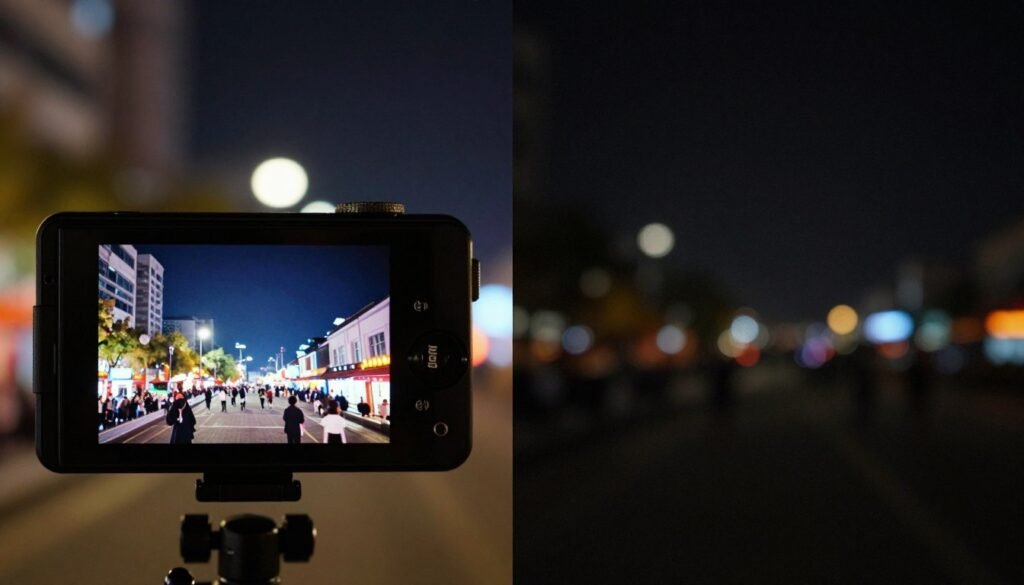 A detailed split-image composition illustrating the advantages and disadvantages of low-light photography with an Infinix camera. In the foreground, on the left, showcase a vibrant night scene captured using the camera, highlighting the rich colors and clarity, such as illuminated cityscapes or festive street scenes, with smooth bokeh effects. On the right, depict a contrasting image featuring a grainy, blurred low-light photo to illustrate the camera's limitations, such as poor focus or noise in a dimly lit environment. The background should be softly blurred to emphasize the foreground elements, with soft ambient lighting to create a balanced mood. Use a wide-angle perspective to include depth while maintaining focus on the two primary image elements. Ensure there are no captions or text present. A detailed split-image composition illustrating the advantages and disadvantages of low-light photography with an Infinix camera. In the foreground, on the left, showcase a vibrant night scene captured using the camera, highlighting the rich colors and clarity, such as illuminated cityscapes or festive street scenes, with smooth bokeh effects. On the right, depict a contrasting image featuring a grainy, blurred low-light photo to illustrate the camera's limitations, such as poor focus or noise in a dimly lit environment. The background should be softly blurred to emphasize the foreground elements, with soft ambient lighting to create a balanced mood. Use a wide-angle perspective to include depth while maintaining focus on the two primary image elements. Ensure there are no captions or text present.