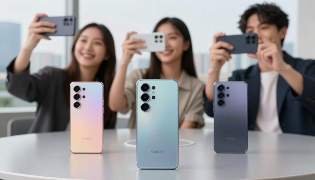 A dynamic comparison of smartphone selfie cameras arranged on a sleek, modern table. In the foreground, place three different smartphones, highlighting the Galaxy F series prominently, showcasing its front camera features like a wide-angle lens and enhanced lighting. The middle ground includes blurred images of people taking selfies with each device, ensuring they are dressed in smart casual attire, exuding a fun, professional atmosphere. Use soft, natural lighting to emphasize the clarity and quality of each selfie camera. In the background, add a subtle cityscape to suggest a vibrant lifestyle, creating an engaging mood. Ensure the composition feels balanced and inviting, focusing on technology and social interaction without any text or distractions.