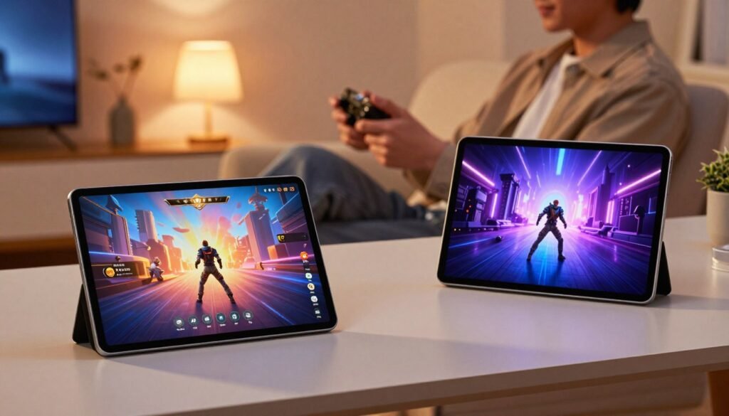 A dynamic scene showcasing a modern gaming and multimedia experience on a tablet, featuring a sleek Xiaomi Pad 7 and an iPad Air side-by-side on a stylish desk. In the foreground, vibrant game graphics are displayed on the screens, with intense colors and high-resolution detail. The middle ground includes a person in casual professional attire, focused on gaming, with a controller in hand, illuminated by soft overhead lighting that creates a warm atmosphere. The background features a cozy room with ambient lighting and minimalist decor, enhancing a relaxed yet engaging gaming environment. The mood should convey excitement and engagement, emphasizing the immersive nature of modern tablet gaming and multimedia use. Avoid any text or branding on the devices. A dynamic scene showcasing a modern gaming and multimedia experience on a tablet, featuring a sleek Xiaomi Pad 7 and an iPad Air side-by-side on a stylish desk. In the foreground, vibrant game graphics are displayed on the screens, with intense colors and high-resolution detail. The middle ground includes a person in casual professional attire, focused on gaming, with a controller in hand, illuminated by soft overhead lighting that creates a warm atmosphere. The background features a cozy room with ambient lighting and minimalist decor, enhancing a relaxed yet engaging gaming environment. The mood should convey excitement and engagement, emphasizing the immersive nature of modern tablet gaming and multimedia use. Avoid any text or branding on the devices.