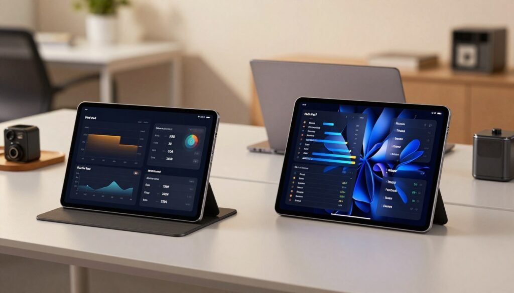 A visually striking comparison of tablet chip performance benchmarks, featuring two prominent tablets side by side: the Xiaomi Pad 7 and the iPad Air. In the foreground, display sleek, modern tablets showcasing their screens with dynamic graphs and numbers illustrating performance metrics. The middle ground highlights a professional workspace, complete with a minimalistic desk, a laptop, and technical gadgets that signify productivity. In the background, a blurred office setting with soft, diffused lighting creates a clean and sophisticated atmosphere. The lighting should be warm to evoke a sense of innovation and productivity, while the angle captures the tablets' designs from a slightly elevated view to emphasize their features. Overall, the image should convey a sense of technological advancement and comparison. A visually striking comparison of tablet chip performance benchmarks, featuring two prominent tablets side by side: the Xiaomi Pad 7 and the iPad Air. In the foreground, display sleek, modern tablets showcasing their screens with dynamic graphs and numbers illustrating performance metrics. The middle ground highlights a professional workspace, complete with a minimalistic desk, a laptop, and technical gadgets that signify productivity. In the background, a blurred office setting with soft, diffused lighting creates a clean and sophisticated atmosphere. The lighting should be warm to evoke a sense of innovation and productivity, while the angle captures the tablets' designs from a slightly elevated view to emphasize their features. Overall, the image should convey a sense of technological advancement and comparison.